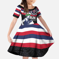 Honolulu Running Race Family Matching Short Sleeve Bodycon Dress and Hawaiian Shirt Hawaii Marathon Kakau Art with Hibiscus and National Flag Style LT03 Daughter's Dress Blue and White - Polynesian Pride