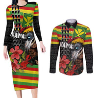 Kanaka Maoli Ikaika Warrior Couples Matching Long Sleeve Bodycon Dress and Long Sleeve Button Shirt Hibiscus Kakau Art and Tapa Tribal Pattern
