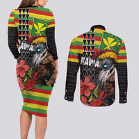 Kanaka Maoli Ikaika Warrior Couples Matching Long Sleeve Bodycon Dress and Long Sleeve Button Shirt Hibiscus Kakau Art and Tapa Tribal Pattern