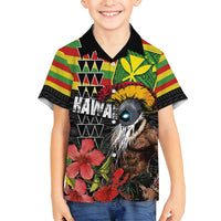 Kanaka Maoli Ikaika Warrior Family Matching Off Shoulder Short Dress and Hawaiian Shirt Hibiscus Kakau Art and Tapa Tribal Pattern