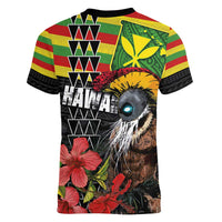 Kanaka Maoli Ikaika Warrior Women V-Neck T-Shirt Hibiscus Kakau Art and Tapa Tribal Pattern