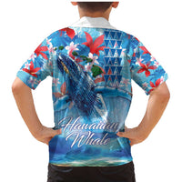 Hawaiian Waves Whale Family Matching Mermaid Dress and Hawaiian Shirt Kakau Art and Tropical Red Hibiscus Flowers
