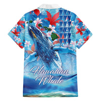 Hawaiian Waves Whale Family Matching Off Shoulder Short Dress and Hawaiian Shirt Kakau Art and Tropical Red Hibiscus Flowers LT03 - Polynesian Pride