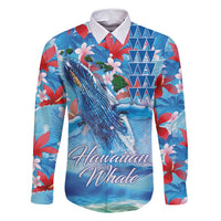 Hawaiian Waves Whale Family Matching Summer Maxi Dress and Hawaiian Shirt Kakau Art and Tropical Red Hibiscus Flowers LT03 Dad's Shirt - Long Sleeve Blue - Polynesian Pride