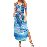 Hawaiian Waves Whale Family Matching Summer Maxi Dress and Hawaiian Shirt Kakau Art and Tropical Red Hibiscus Flowers LT03 Mom's Dress Blue - Polynesian Pride