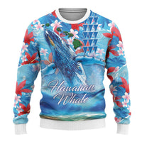 Hawaiian Waves Whale Ugly Christmas Sweater Kakau Art and Tropical Red Hibiscus Flowers