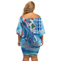 Hawaiian Waves Whale Off Shoulder Short Dress Kakau Art and Tropical Red Hibiscus Flowers