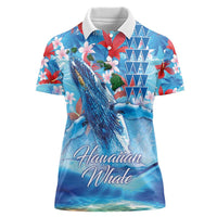 Hawaiian Waves Whale Women Polo Shirt Kakau Art and Tropical Red Hibiscus Flowers LT03 Female Blue - Polynesian Pride
