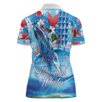 Hawaiian Waves Whale Women Polo Shirt Kakau Art and Tropical Red Hibiscus Flowers LT03 - Polynesian Pride