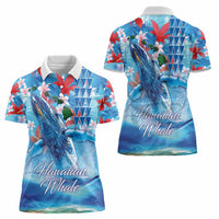 Hawaiian Waves Whale Women Polo Shirt Kakau Art and Tropical Red Hibiscus Flowers LT03 - Polynesian Pride