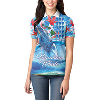 Hawaiian Waves Whale Women Polo Shirt Kakau Art and Tropical Red Hibiscus Flowers LT03 - Polynesian Pride
