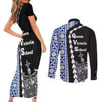 Fiji Queen Victoria School Couples Matching Short Sleeve Bodycon Dress and Long Sleeve Button Shirt Tapa and Polynesian Tribal Pattern Half Style LT03 - Polynesian Pride