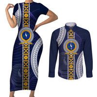 Fiji Ratu Kadavulevu School Couples Matching Short Sleeve Bodycon Dress and Long Sleeve Button Shirt Tapa and Polynesian Tribal Pattern LT03 Blue - Polynesian Pride