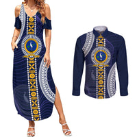 Fiji Ratu Kadavulevu School Couples Matching Summer Maxi Dress and Long Sleeve Button Shirt Tapa and Polynesian Tribal Pattern LT03 Blue - Polynesian Pride