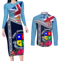 Fiji Lelean Memorial School Couples Matching Long Sleeve Bodycon Dress and Long Sleeve Button Shirt Tapa and Polynesian Tribal Pattern LT03 Blue - Polynesian Pride