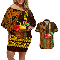 Hawaii Tiki Mask Cocktail Couples Matching Off Shoulder Short Dress and Hawaiian Shirt Kakau Tattoo LT03 Brown - Polynesian Pride