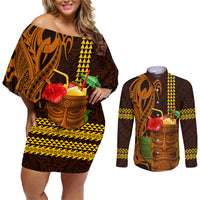Hawaii Tiki Mask Cocktail Couples Matching Off Shoulder Short Dress and Long Sleeve Button Shirt Kakau Tattoo LT03 Brown - Polynesian Pride