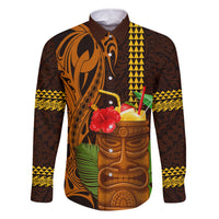 Hawaii Tiki Mask Cocktail Family Matching Long Sleeve Bodycon Dress and Hawaiian Shirt Kakau Tattoo LT03 Dad's Shirt - Long Sleeve Brown - Polynesian Pride