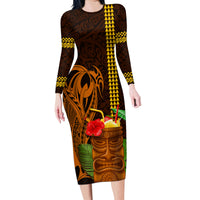 Hawaii Tiki Mask Cocktail Family Matching Long Sleeve Bodycon Dress and Hawaiian Shirt Kakau Tattoo LT03 Mom's Dress Brown - Polynesian Pride