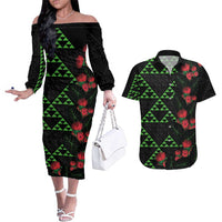 Hawaiian Green Kakau Art Tattoo-Ohia Lehua and Taro Leaves Couples Matching Off The Shoulder Long Sleeve Dress and Hawaiian Shirt