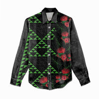 Hawaiian Green Kakau Art Tattoo-Ohia Lehua and Taro Leaves Women Casual Shirt