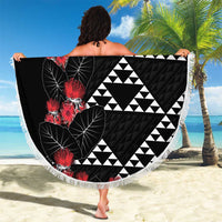 Hawaiian White Kakau Art Tattoo-Ohia Lehua and Taro Leaves Beach Blanket