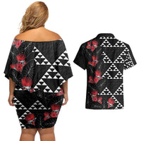 Hawaiian White Kakau Art Tattoo-Ohia Lehua and Taro Leaves Couples Matching Off Shoulder Short Dress and Hawaiian Shirt