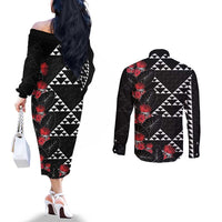 Hawaiian White Kakau Art Tattoo-Ohia Lehua and Taro Leaves Couples Matching Off The Shoulder Long Sleeve Dress and Long Sleeve Button Shirt
