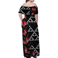 Hawaiian White Kakau Art Tattoo-Ohia Lehua and Taro Leaves Family Matching Off Shoulder Maxi Dress and Hawaiian Shirt