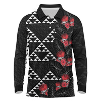 Hawaiian White Kakau Art Tattoo-Ohia Lehua and Taro Leaves Long Sleeve Polo Shirt