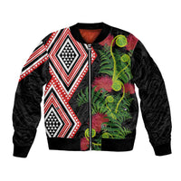 Aotearoa Tukutuku Motif Bomber Jacket Pohutukawa and Fern Leaves