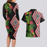 Aotearoa Tukutuku Motif Couples Matching Long Sleeve Bodycon Dress and Hawaiian Shirt Pohutukawa and Fern Leaves