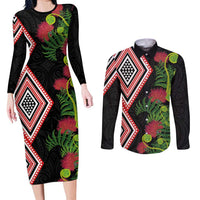Aotearoa Tukutuku Motif Couples Matching Long Sleeve Bodycon Dress and Long Sleeve Button Shirt Pohutukawa and Fern Leaves