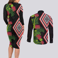 Aotearoa Tukutuku Motif Couples Matching Long Sleeve Bodycon Dress and Long Sleeve Button Shirt Pohutukawa and Fern Leaves