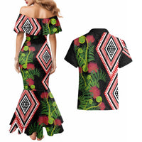 Aotearoa Tukutuku Motif Couples Matching Mermaid Dress and Hawaiian Shirt Pohutukawa and Fern Leaves