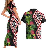 Aotearoa Tukutuku Motif Couples Matching Short Sleeve Bodycon Dress and Hawaiian Shirt Pohutukawa and Fern Leaves