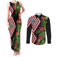 Aotearoa Tukutuku Motif Couples Matching Tank Maxi Dress and Long Sleeve Button Shirt Pohutukawa and Fern Leaves