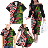 Aotearoa Tukutuku Motif Family Matching Off The Shoulder Long Sleeve Dress and Hawaiian Shirt Pohutukawa and Fern Leaves