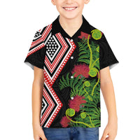 Aotearoa Tukutuku Motif Family Matching Off The Shoulder Long Sleeve Dress and Hawaiian Shirt Pohutukawa and Fern Leaves