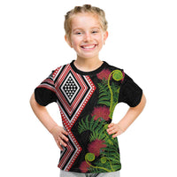 Aotearoa Tukutuku Motif Kid T Shirt Pohutukawa and Fern Leaves