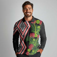 Aotearoa Tukutuku Motif Long Sleeve Polo Shirt Pohutukawa and Fern Leaves