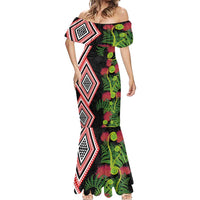 Aotearoa Tukutuku Motif Mermaid Dress Pohutukawa and Fern Leaves