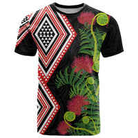 Aotearoa Tukutuku Motif T Shirt Pohutukawa and Fern Leaves