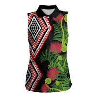 Aotearoa Tukutuku Motif Women Sleeveless Polo Shirt Pohutukawa and Fern Leaves