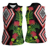 Aotearoa Tukutuku Motif Women Sleeveless Polo Shirt Pohutukawa and Fern Leaves