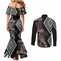 Aotearoa Tukutuku Motif Couples Matching Mermaid Dress and Long Sleeve Button Shirt Pohutukawa and Fern Leaves Grayscale Color
