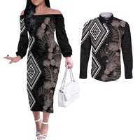 Aotearoa Tukutuku Motif Couples Matching Off The Shoulder Long Sleeve Dress and Long Sleeve Button Shirt Pohutukawa and Fern Leaves Grayscale Color