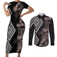 Aotearoa Tukutuku Motif Couples Matching Short Sleeve Bodycon Dress and Long Sleeve Button Shirt Pohutukawa and Fern Leaves Grayscale Color