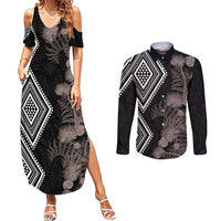 Aotearoa Tukutuku Motif Couples Matching Summer Maxi Dress and Long Sleeve Button Shirt Pohutukawa and Fern Leaves Grayscale Color
