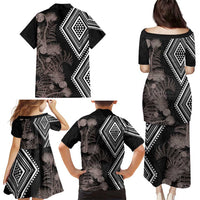 Aotearoa Tukutuku Motif Family Matching Puletasi and Hawaiian Shirt Pohutukawa and Fern Leaves Grayscale Color